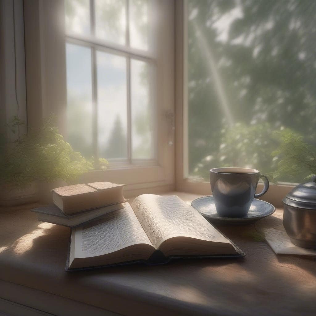 A cozy windowsill scene with an open book, stacked books, a blue cup, and a silver container by a sunlit window.