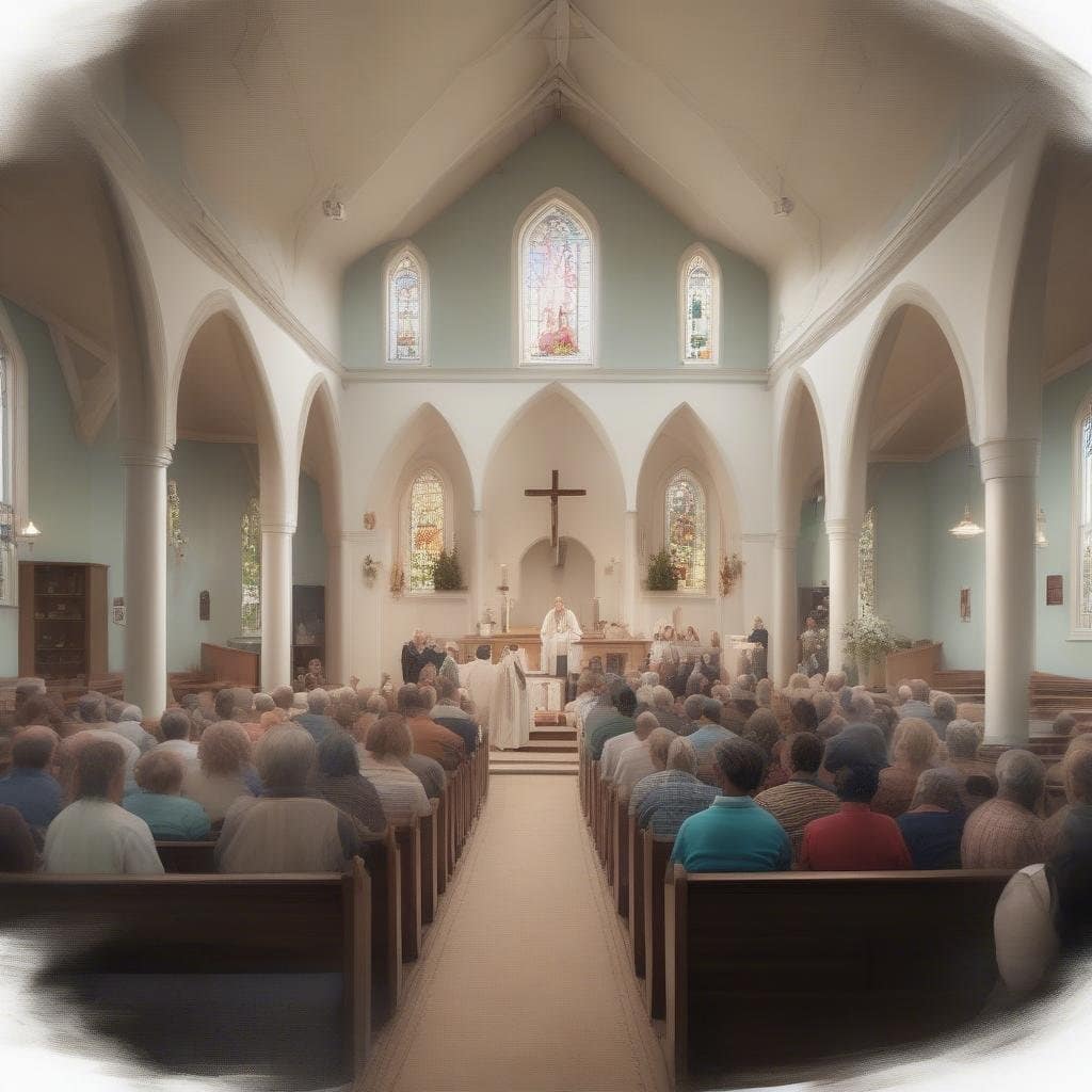 Interior of a church with a large congregation seated facing the altar.
