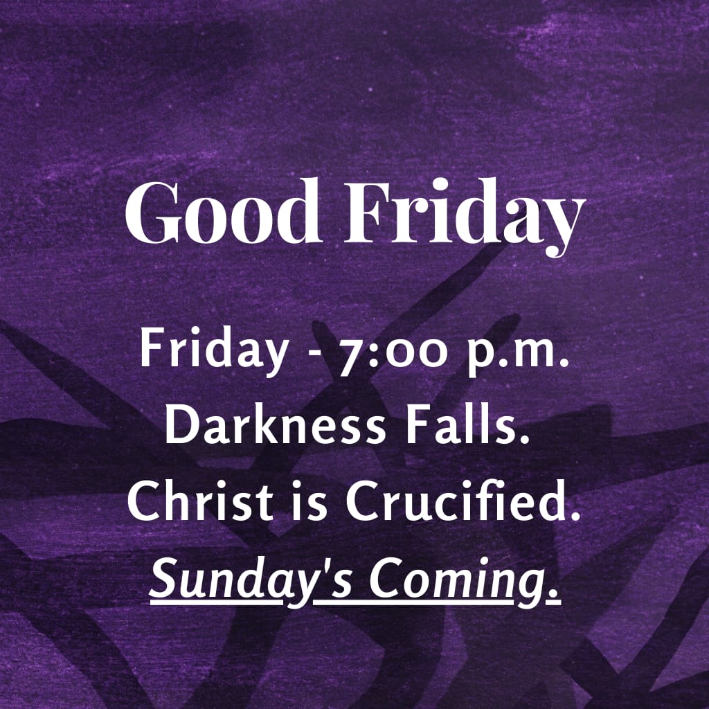 Good Friday announcement on a dark purple background with abstract thorn shapes.