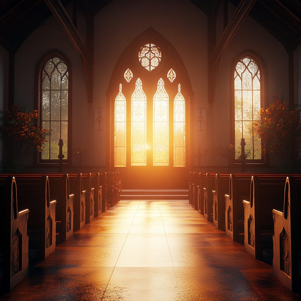 Interior of a church with sunlight streaming through stained-glass windows illuminating the aisle and pews.