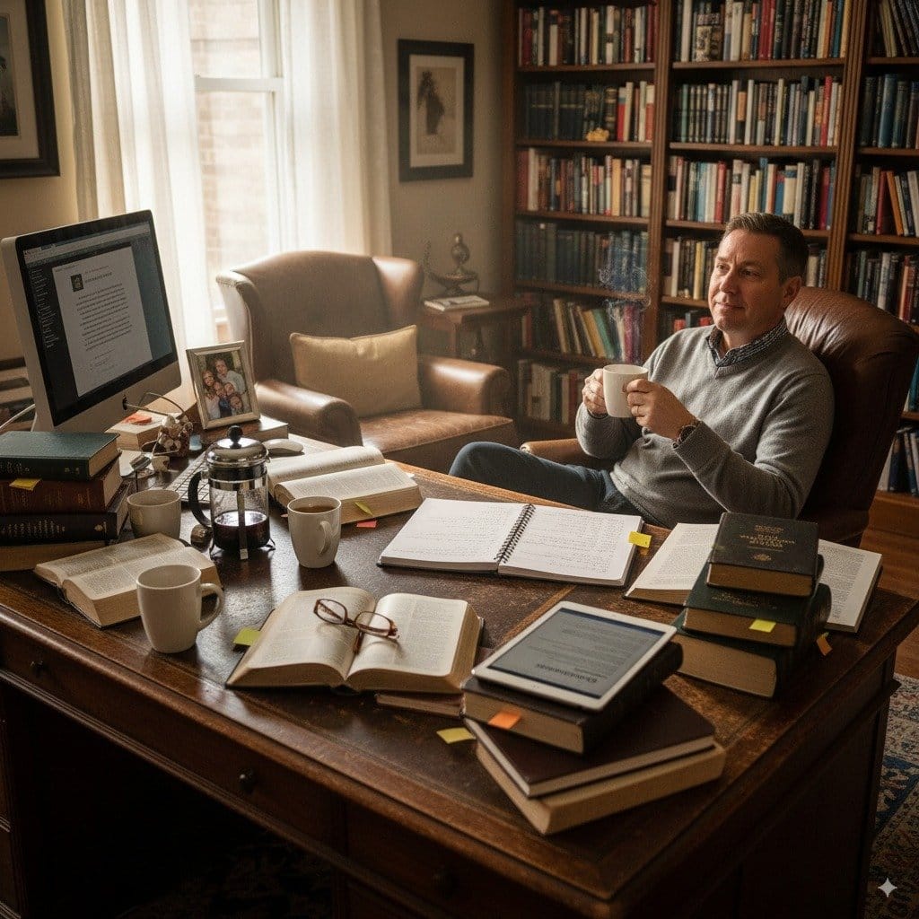 A man in a grey sweater sits at a cluttered desk in a study room, holding a steaming coffee mug, with books and a tablet on the desk.