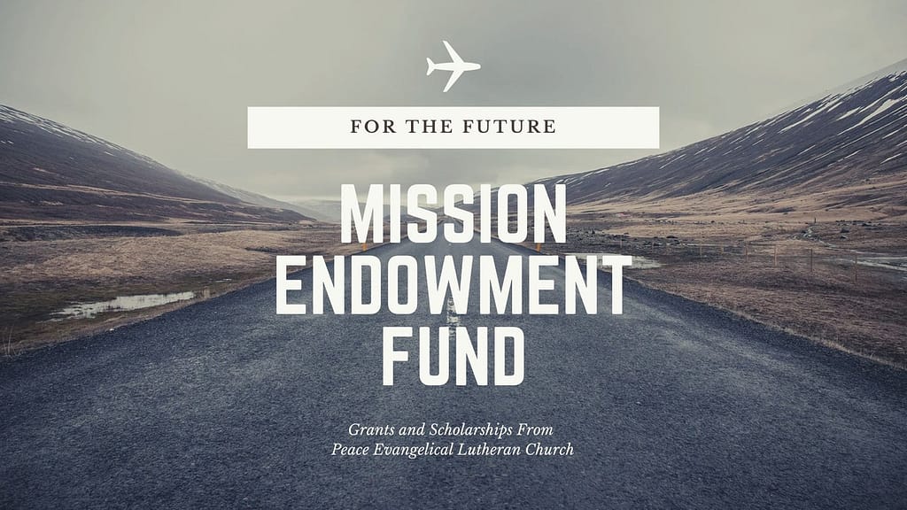 A straight road and mountainous landscape with the text “Mission Endowment Fund” and “For the Future” overlaying the scene.
