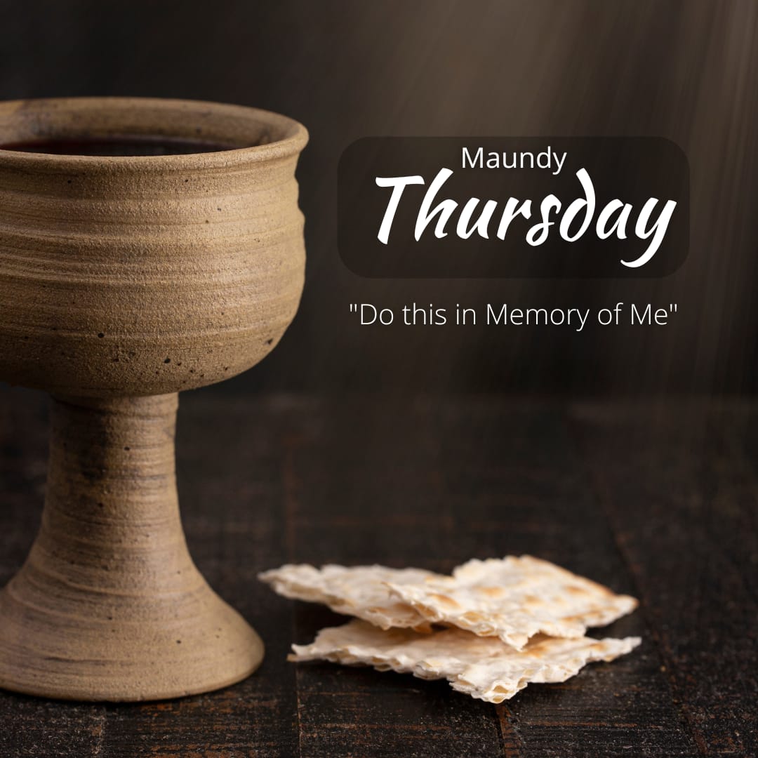 Rustic ceramic chalice with unleavened bread on a dark wooden surface, illuminated by soft light, with text overlay.