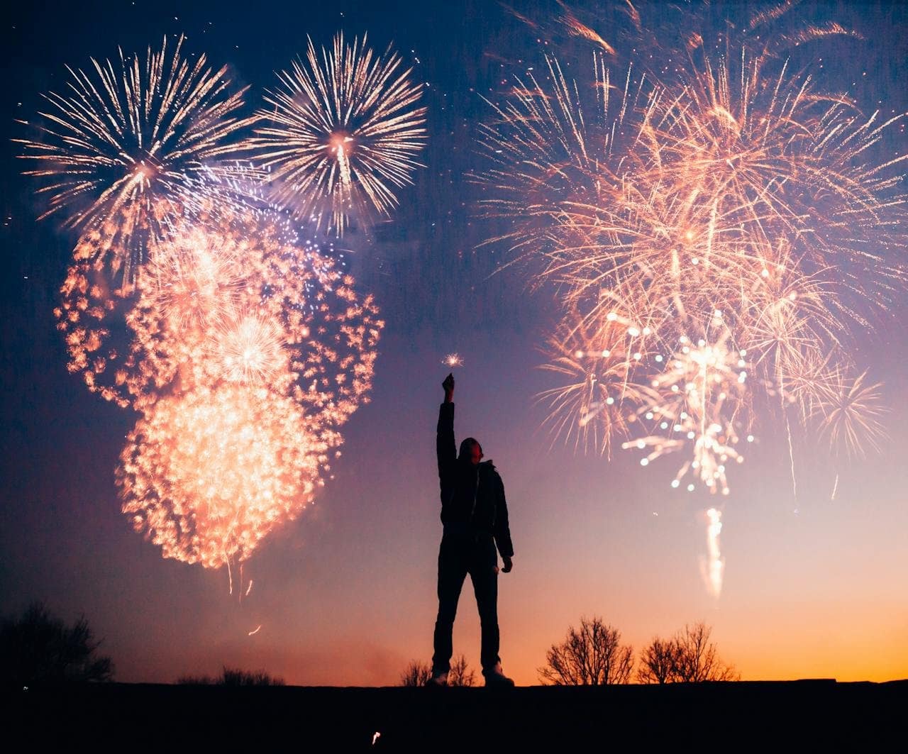 Silhouette of a person holding a sparkler with fireworks in the night sky.