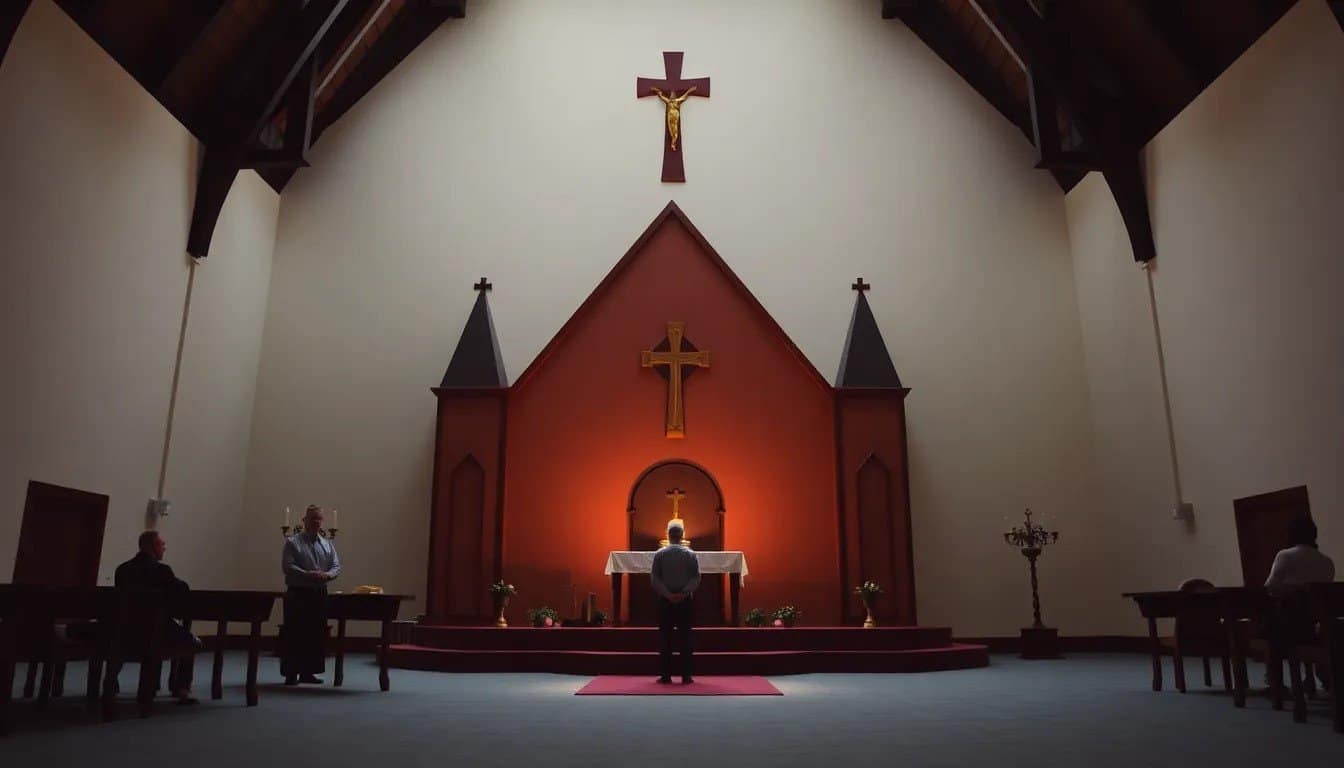 Interior of a church with an altar in the center, featuring a crucifix and architectural details. A person stands before the altar with their back to the camera.