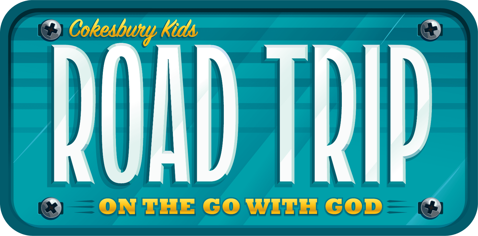 Teal license plate design with text "Cokesbury Kids Road Trip: On the Go With God."