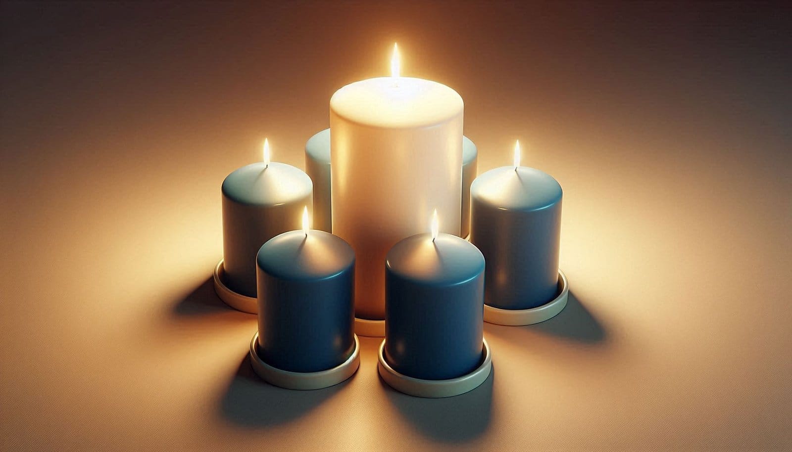 Cluster of lit candles with one large white candle surrounded by five smaller blue candles.