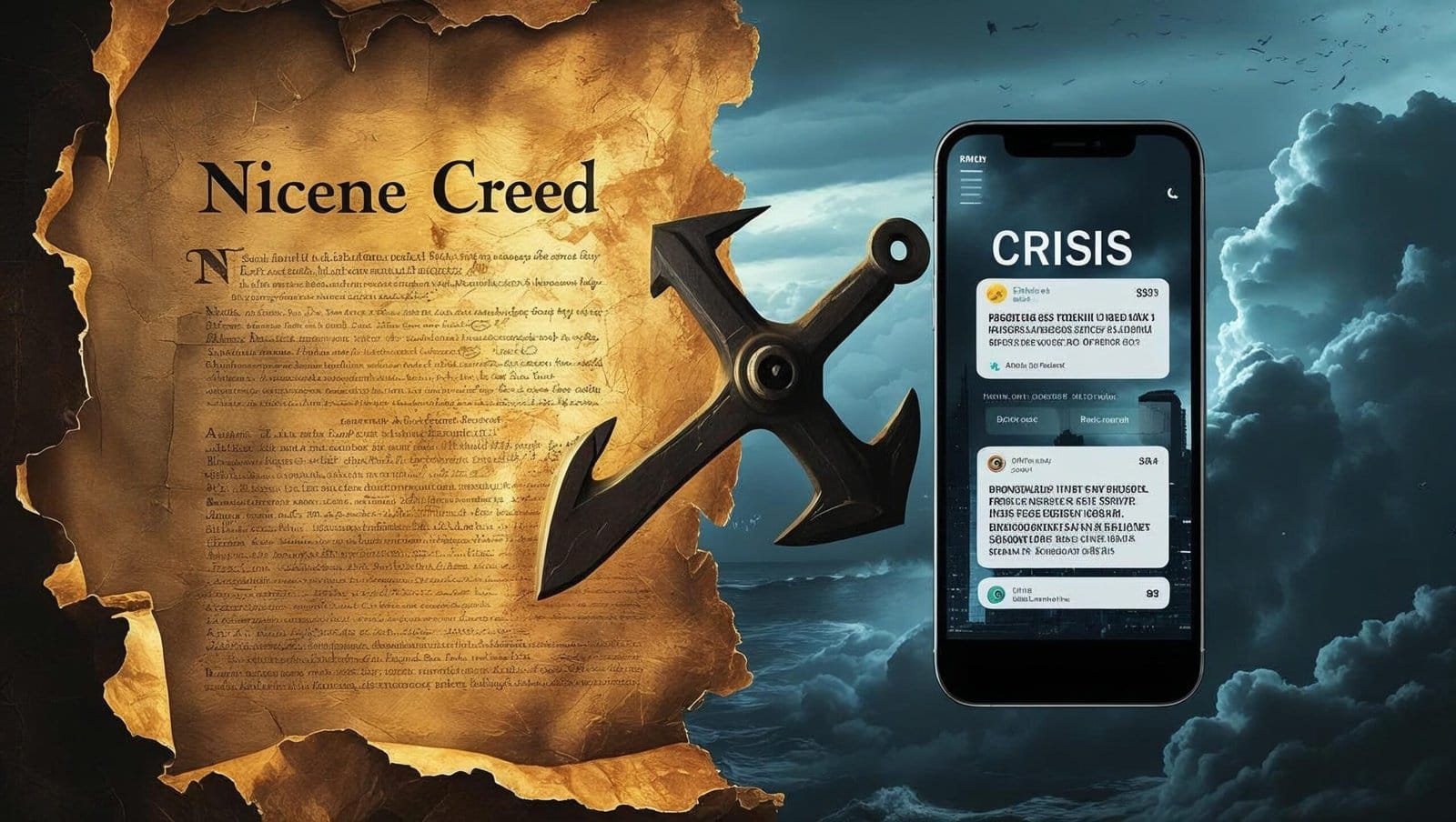 A split image with an aged parchment titled "Nicene Creed" on the left and a modern smartphone showing the word "CRISIS" on the right.