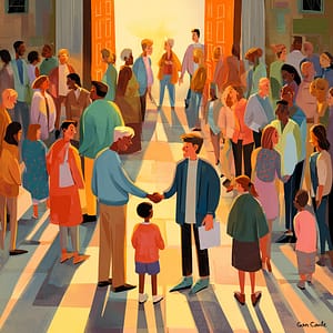 A lively scene of diverse people gathering in a hallway with open doors and bright light coming in, center foreground two men shake hands.