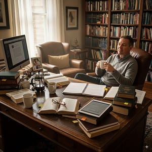 A man in a grey sweater sits at a cluttered desk in a study room, holding a steaming coffee mug, with books and a tablet on the desk.