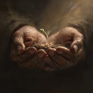 Hands holding soil with a small plant sprouting.