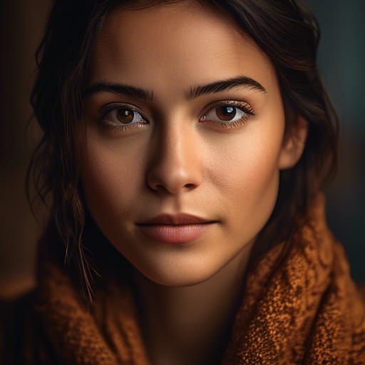 A person with long, dark hair, wearing a rust-colored scarf, looks directly into the camera with a neutral expression. The background is blurred, drawing focus to the person's face illuminated by soft, natural light. Their features exude a subtle sense of uncertainty and hope.