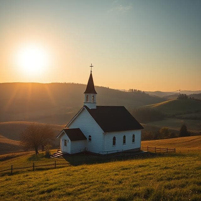 Small white church on a grassy hill at sunset, with rolling hills in the background.